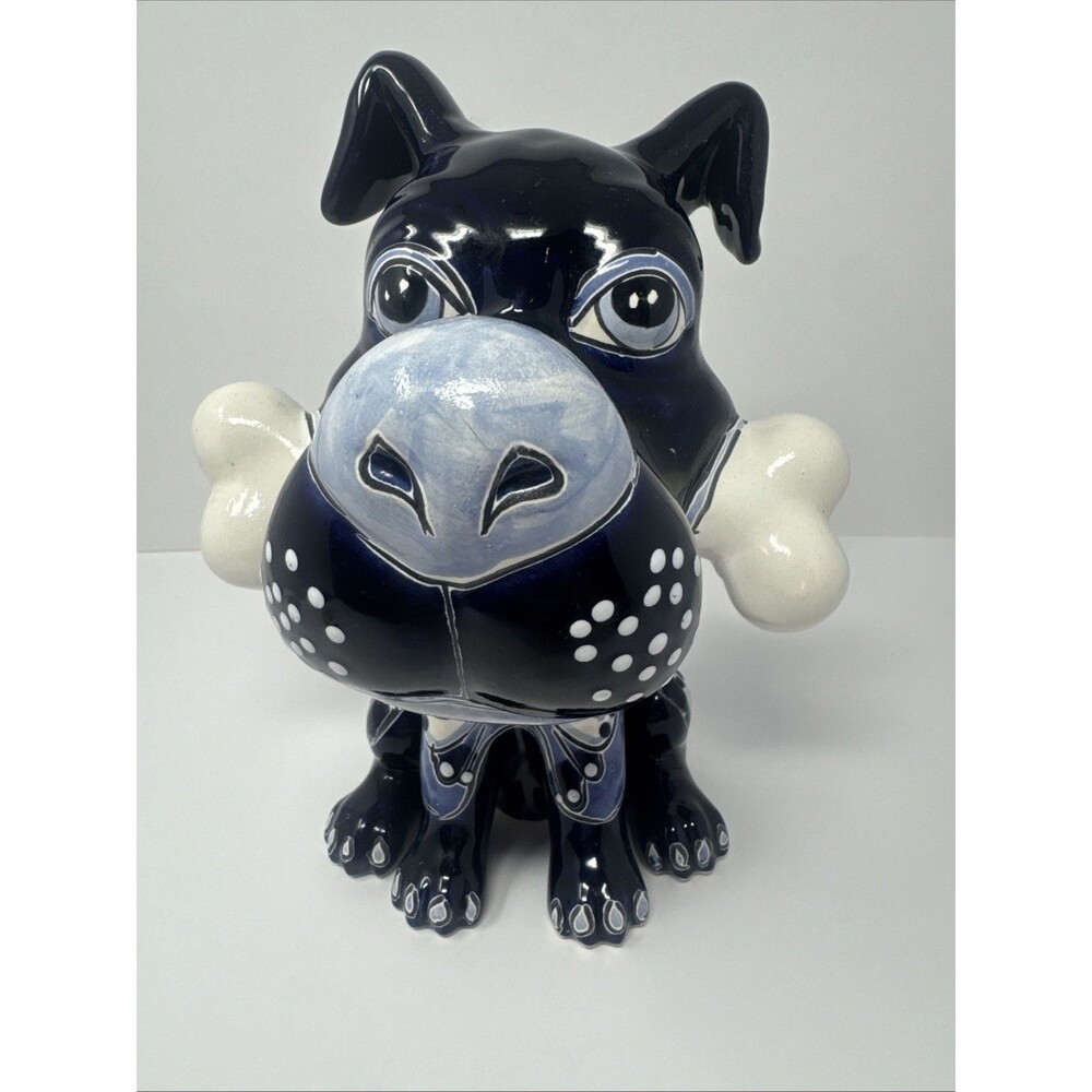 Talavera Dog With Bone Animal Figure Blue Bull Terrier Day of The Dead Pottery